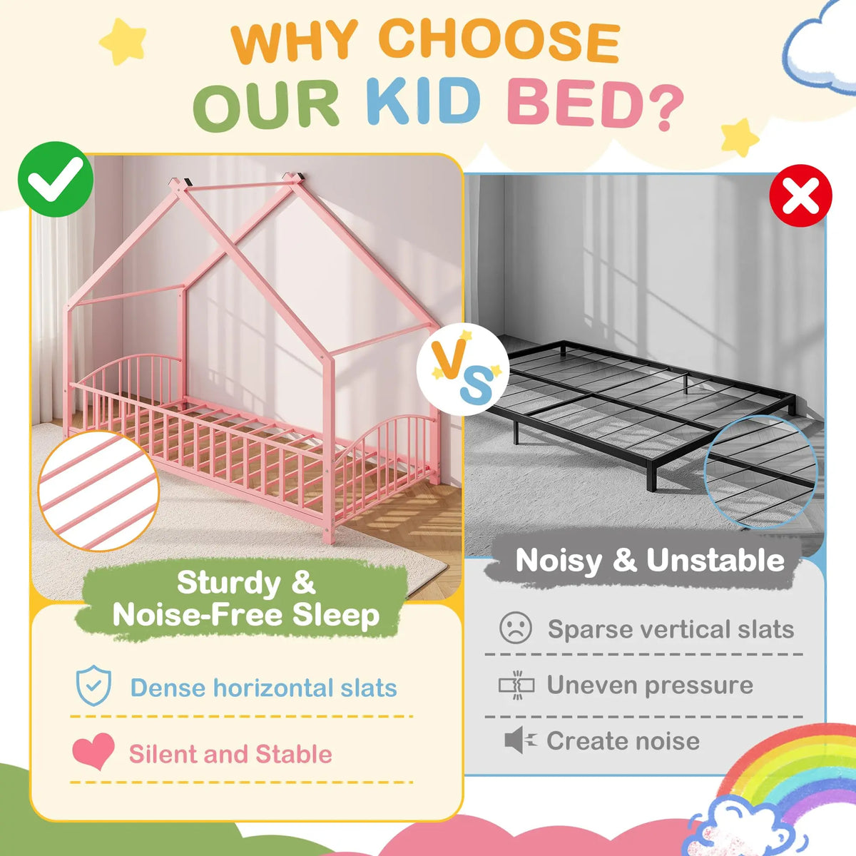 HiMISS Montessori House Bed Frame With Safety Rails For Kids