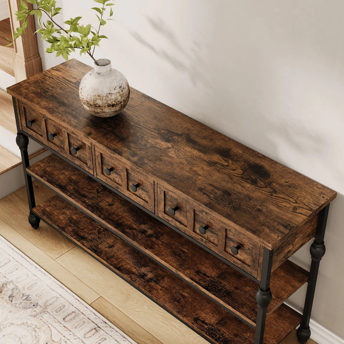 HiMISS Industrial Console Table With Drawers And Three Tier Shelves