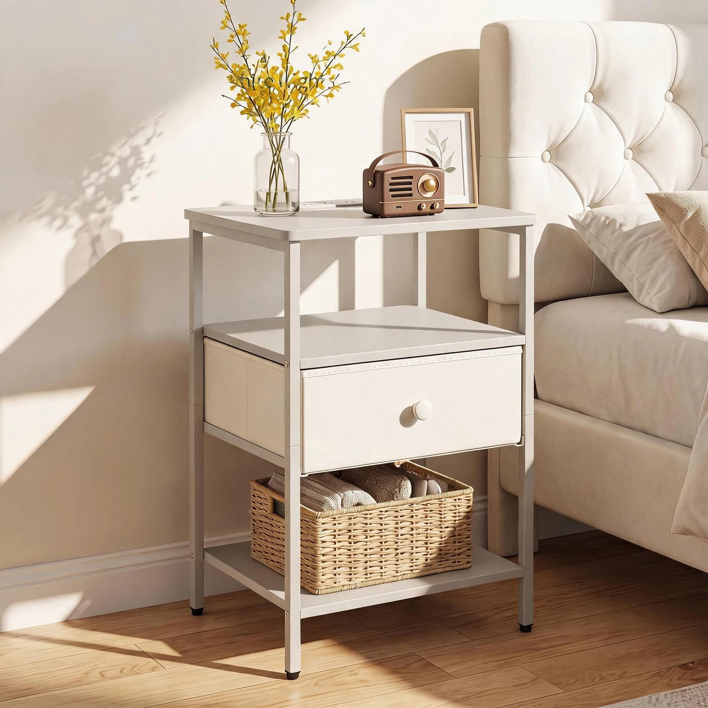 HiMISS Modern Nightstand With Charging Station And Fabric Drawer