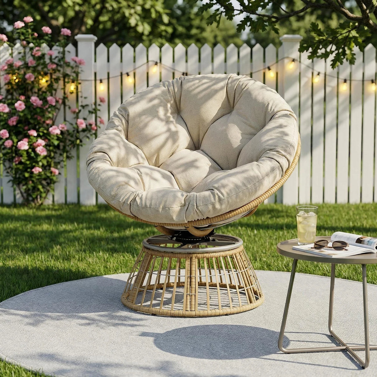 Swivel Outdoor Rattan Papasan Lounge Chair With Thick Cushion
