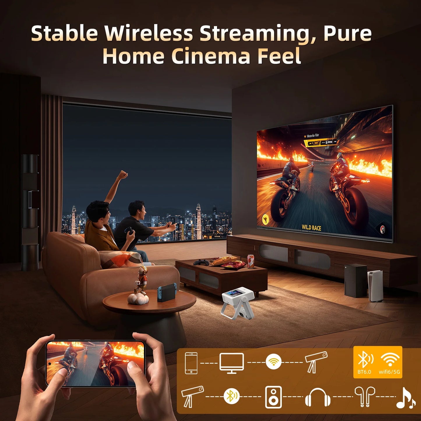 XBJ A5Pro 1080P Portable Projector With Wifi6 Auto Focus