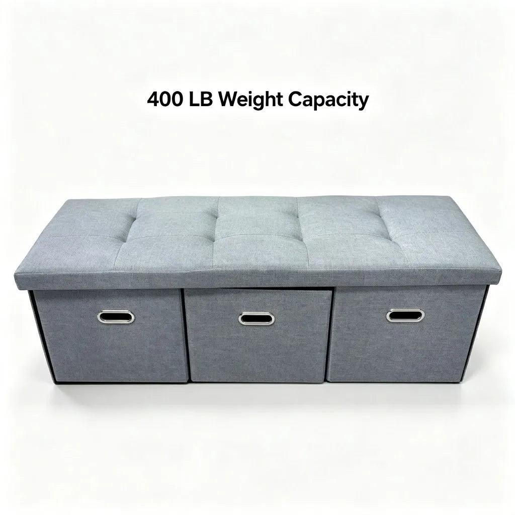 Three Drawer Foldable Linen Storage Ottoman Bench With Tufted Seat