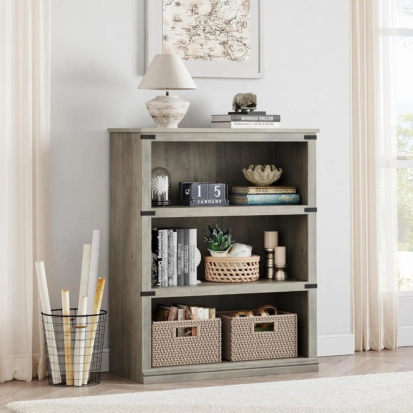 Twister CK Three Tier Wood Bookcase Farmhouse Storage Bookshelf
