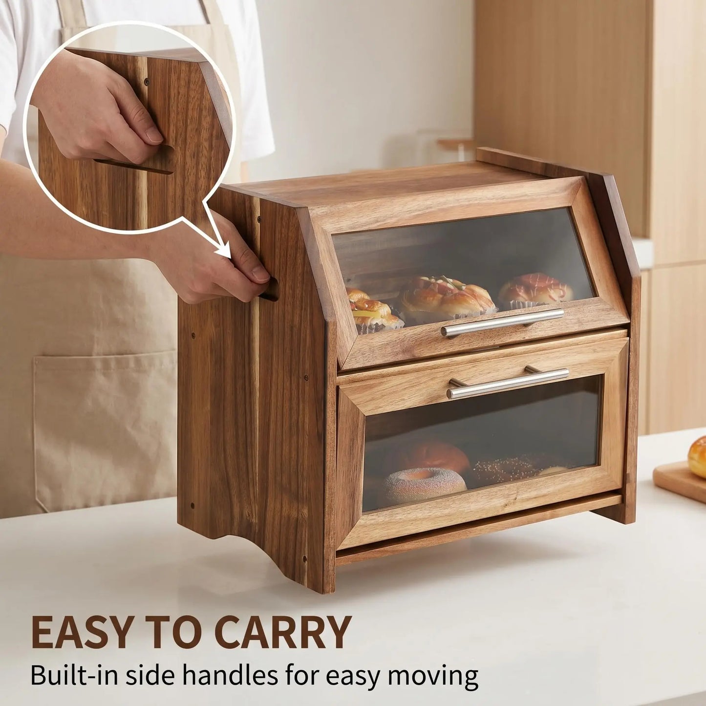 HiMISS Double Layer Acacia Wood Bread Box With Ventilated Storage