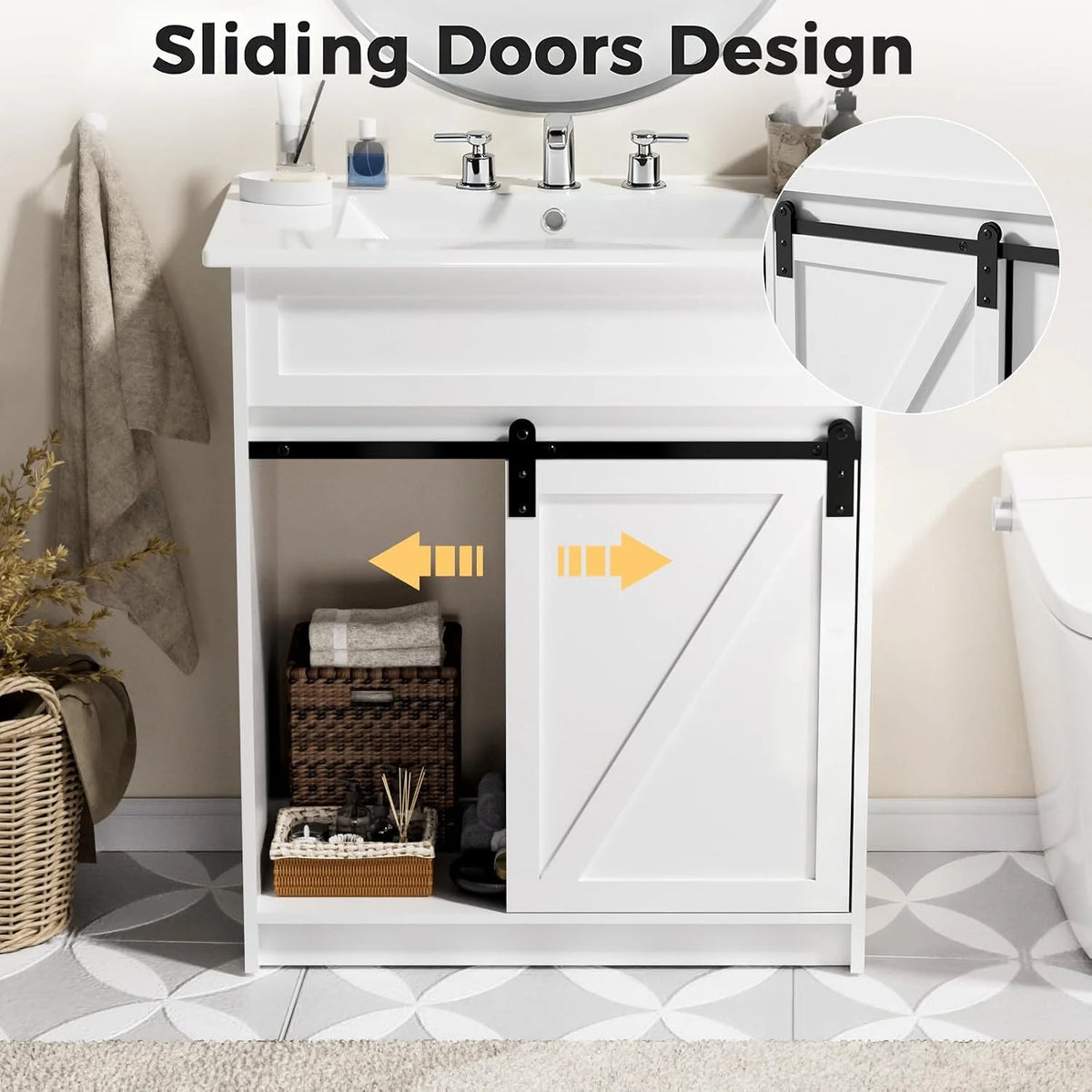 EVOKEDEN Farmhouse Bathroom Vanity With Sink Barn Door And Drawers