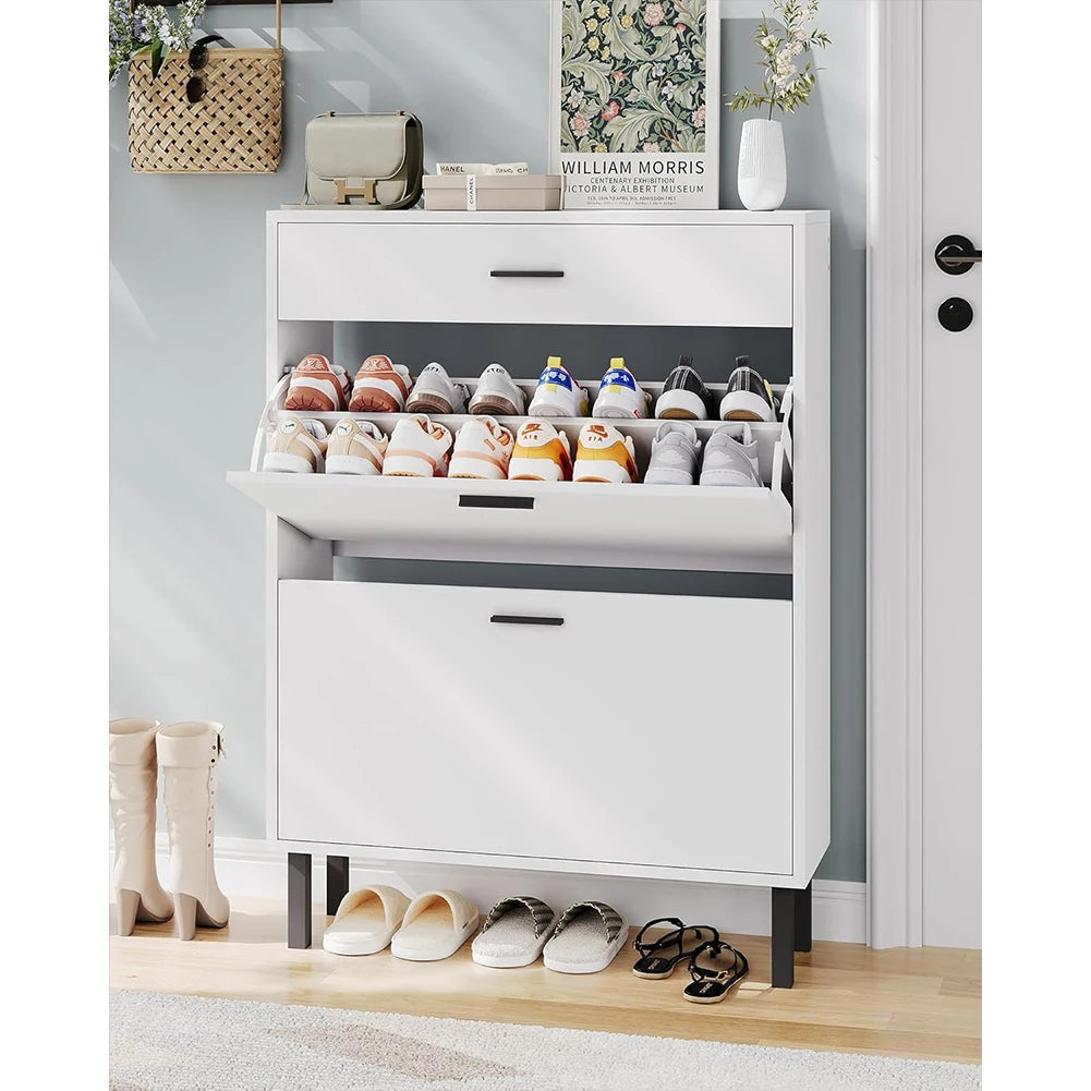 HiMISS Wood Shoe Cabinet With Dual Flip Drawers Entryway Organizer