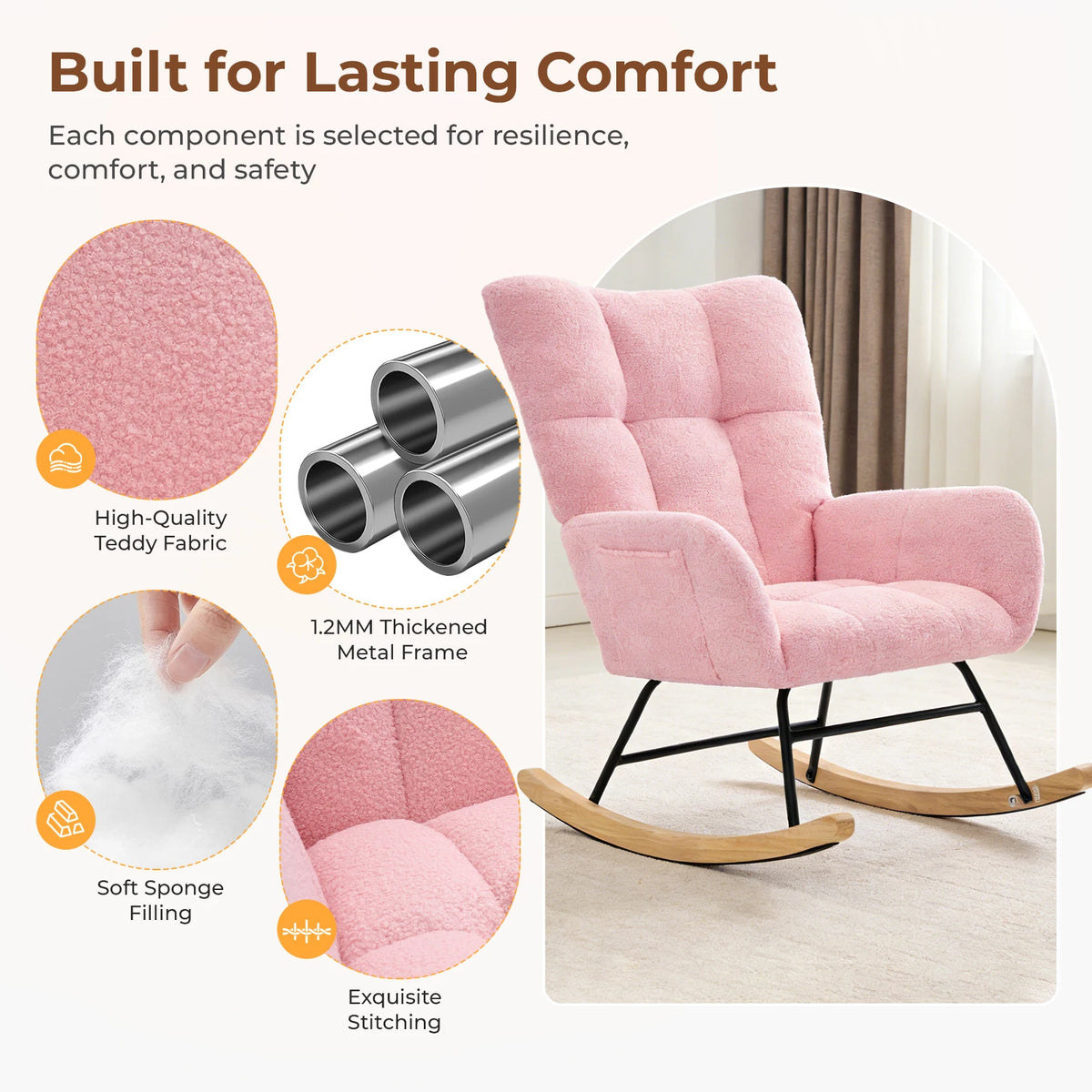 JHK Teddy Upholstered Saucer Rocking Chair With Padded Seat