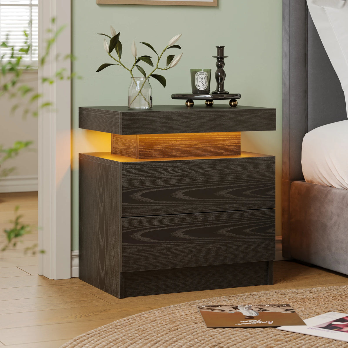 Cubehom Wooden Nightstand With Two Drawers And RGB Lighting Design