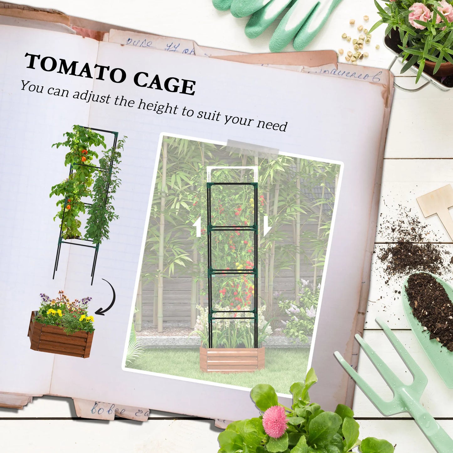 Outsunny Wooden Raised Garden Bed With Attached Tomato Cage