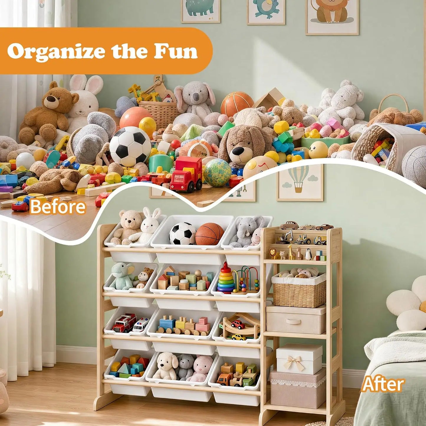 Tacleekii Toy Storage Shelf Featuring Plastic Bins And Wood Units