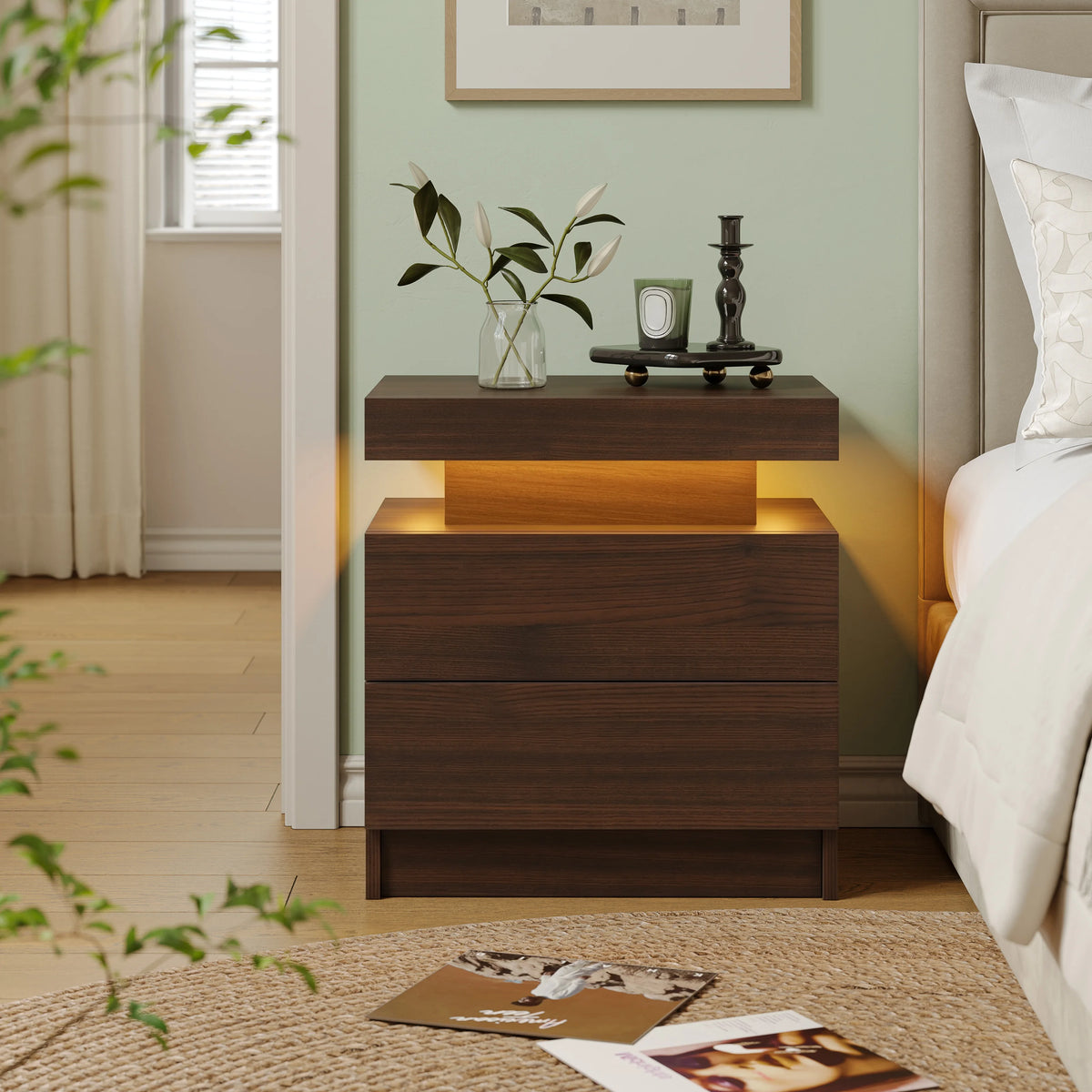 Cubehom Wooden Nightstand With Two Drawers And RGB Lighting Design