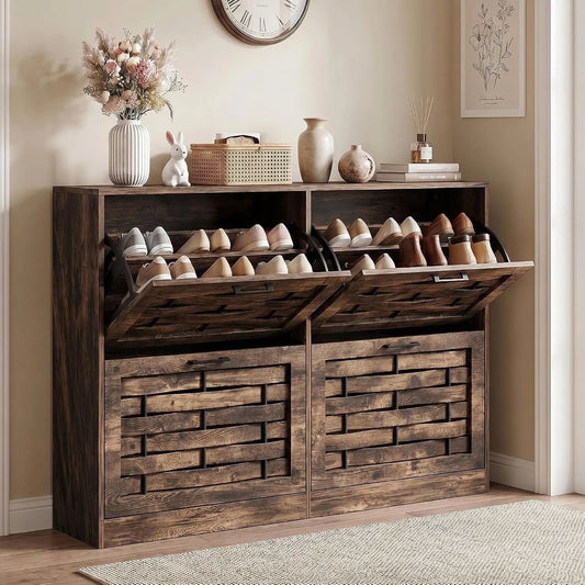 Shoe Cabinet With Four Flip Drawers And Handwoven Panel