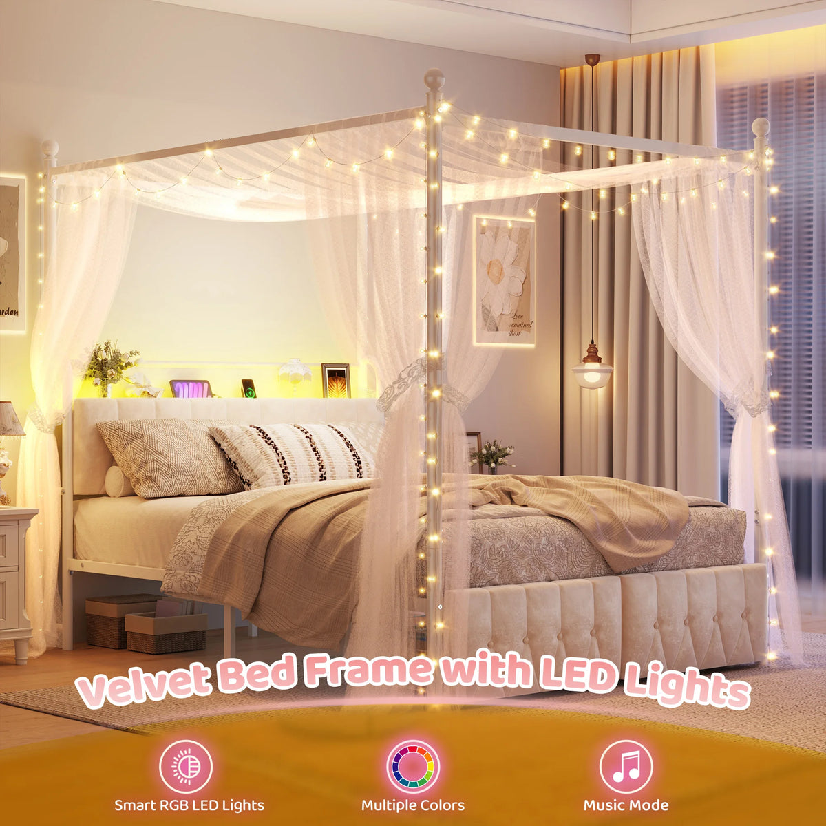 EnHomee Canopy Bed With LED Lights Charging Station Two Drawers