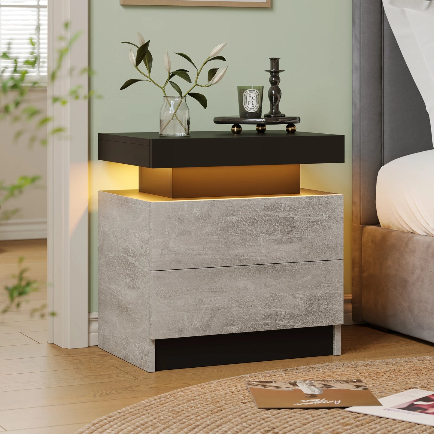 Cubehom Wooden Nightstand With Two Drawers And RGB Lighting Design