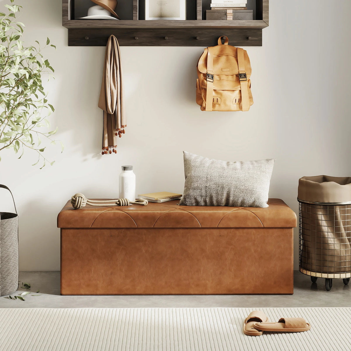 Folding Tufted Faux Leather Storage Bench With Hidden Compartment