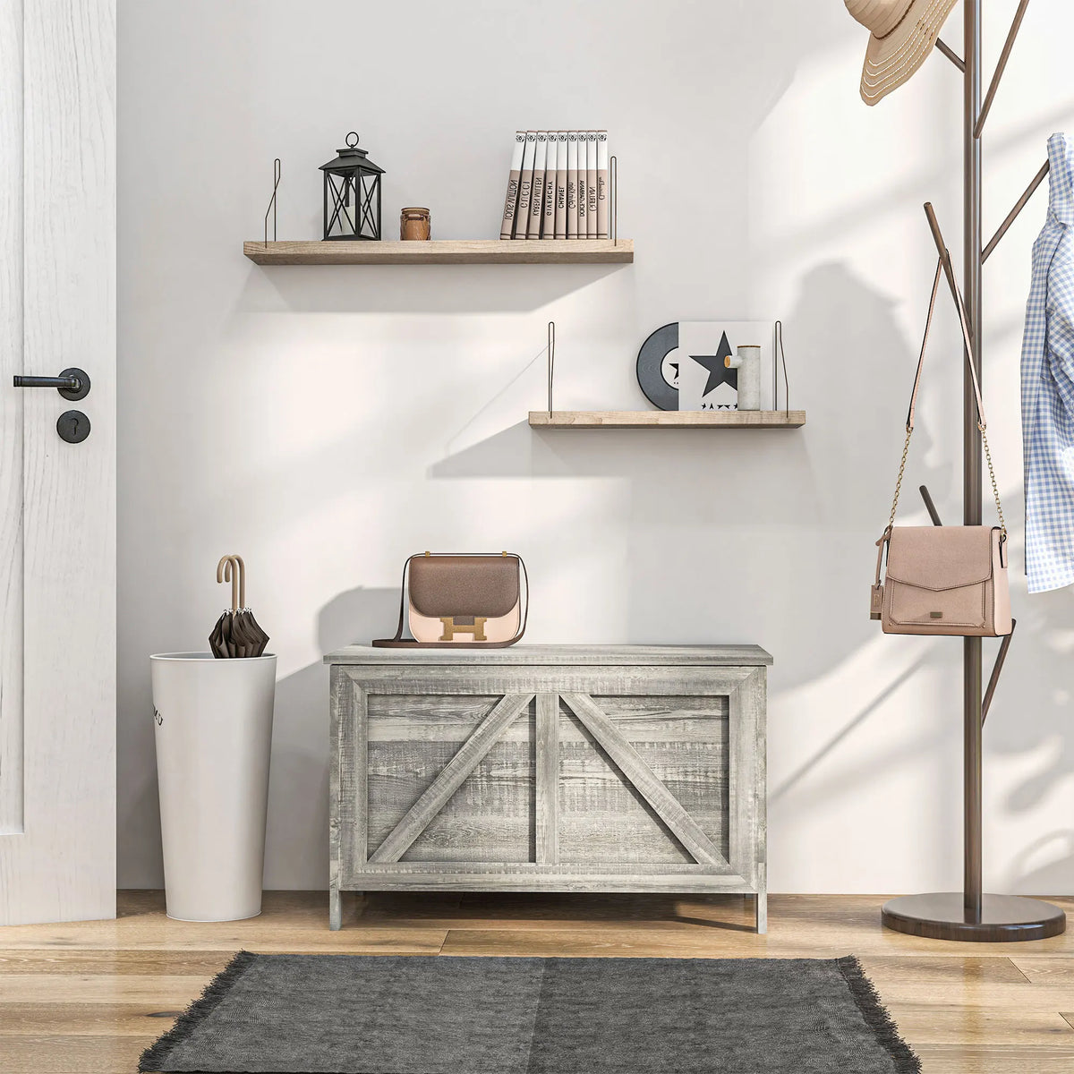 HOMCOM Farmhouse Storage Bench With Lift Top And Safety Hinge