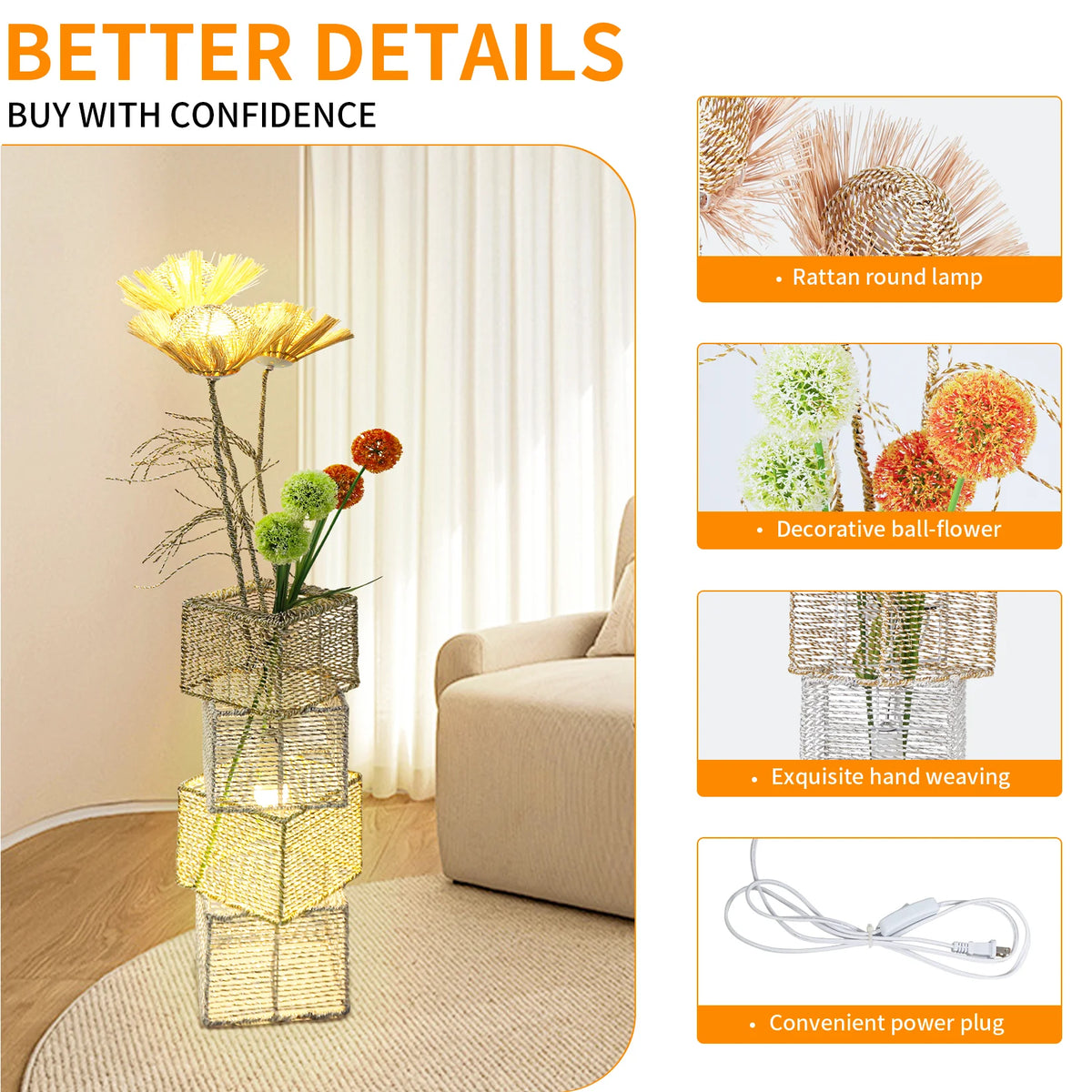 Modern Rattan Standing Floor Lamp With Dimmable Led Indoor Lighting