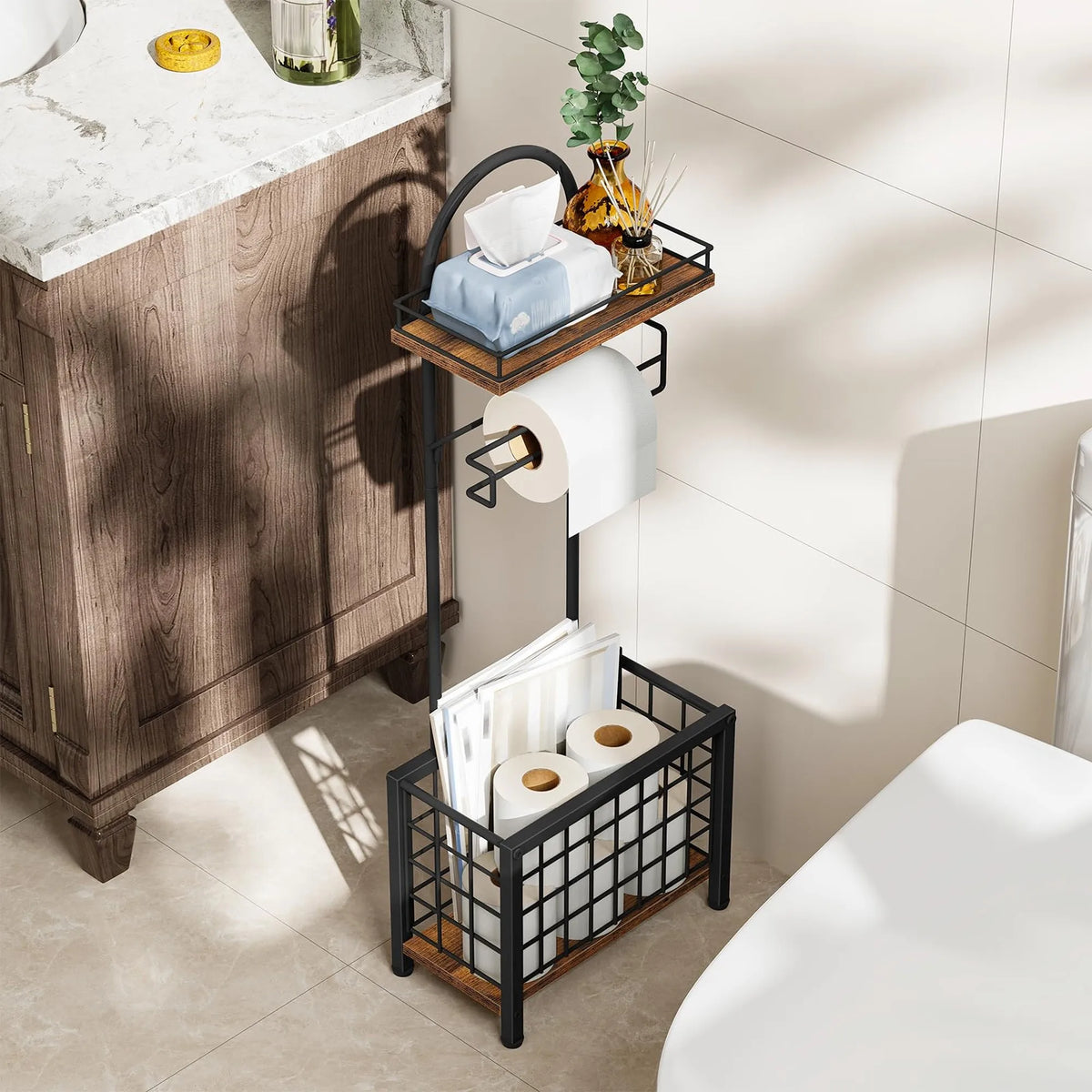 Freestanding Iron Bathroom Toilet Paper Holder With Shelf And Basket