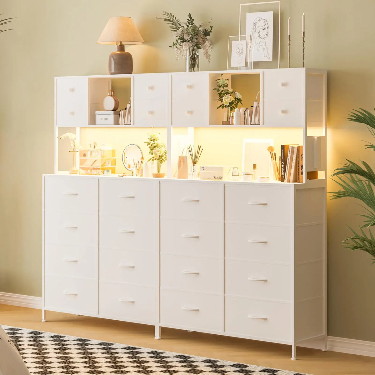 Drawer Dresser With Charging Station And LED Light For Bedroom