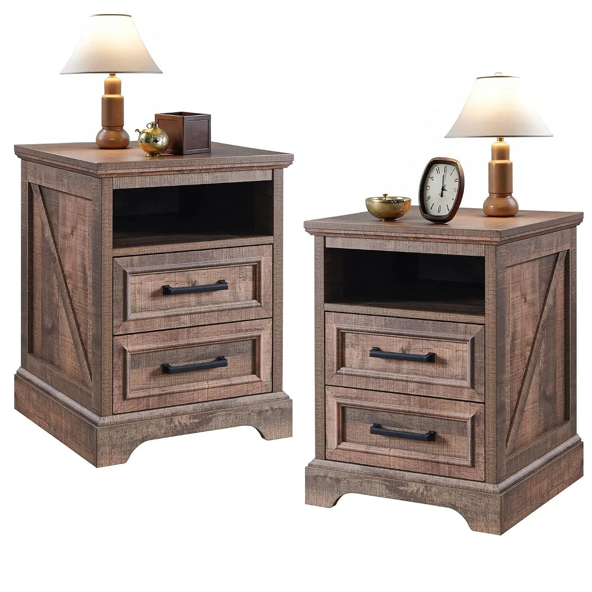 Farmhouse Nightstands Set of 2 With Drawers and Charging Station
