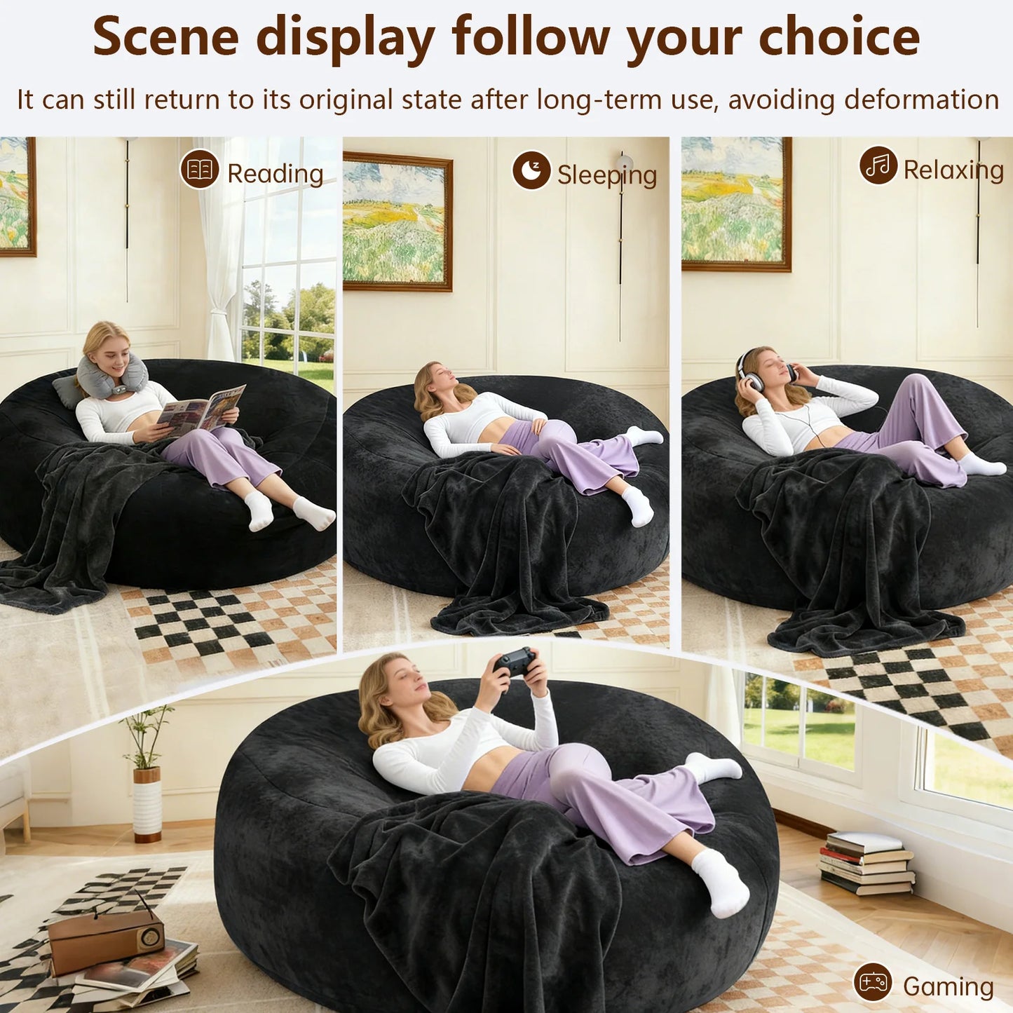 Memory Foam Beanbag Chair With Washable Flannel Cover For Bedrooms