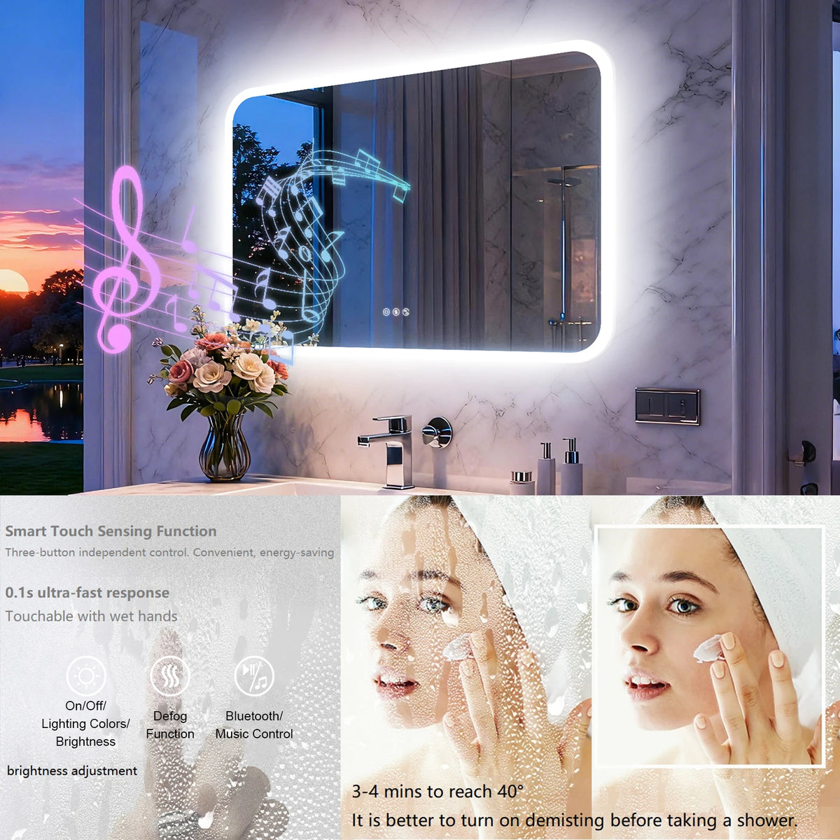 Smart LED Bathroom Mirror With Bluetooth Speakers And Dimmable Lighting