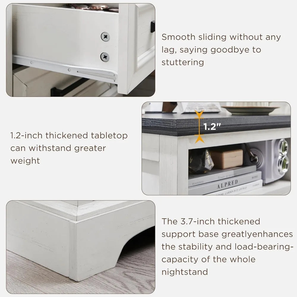 Farmhouse Nightstands Set of 2 With Drawers and Charging Station