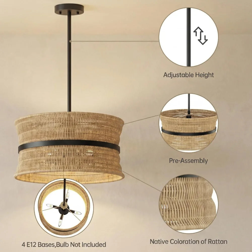 Handwoven Rattan Wicker Chandelier For Coastal Ceiling Pendant Lighting