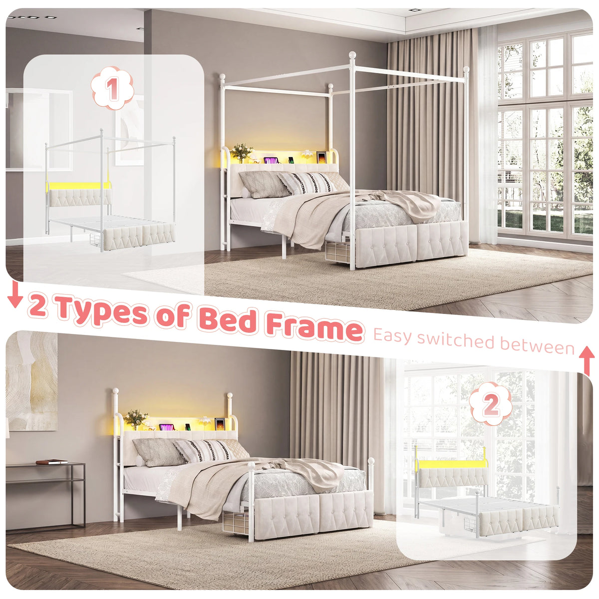 EnHomee Canopy Bed With LED Lights Charging Station Two Drawers