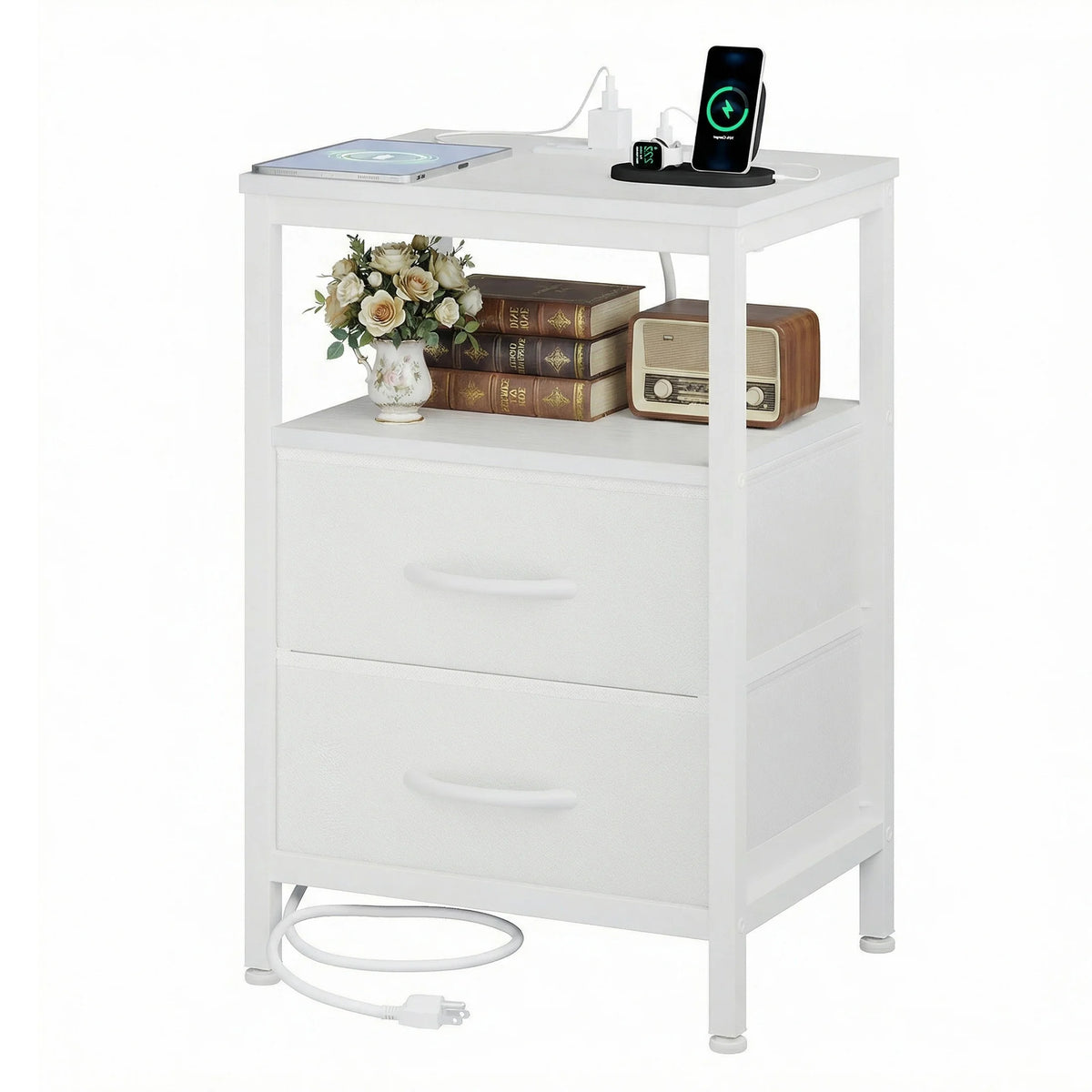 JHK Modern Nightstand With Fabric Drawers And USB Port
