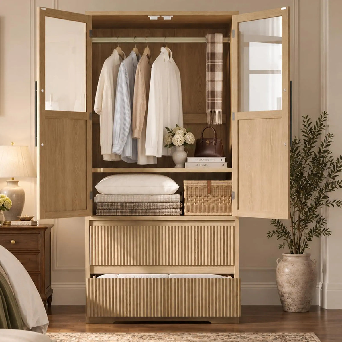 HiMISS Farmhouse Wardrobe Cabinet With Glass Door And Storage