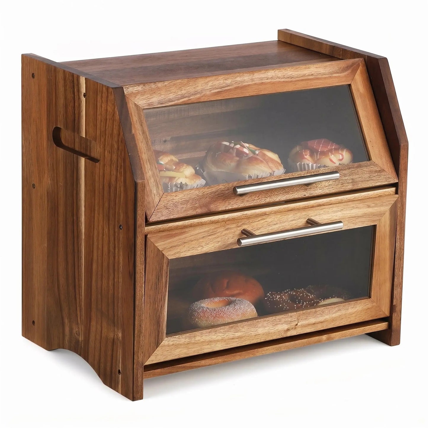 HiMISS Double Layer Acacia Wood Bread Box With Ventilated Storage