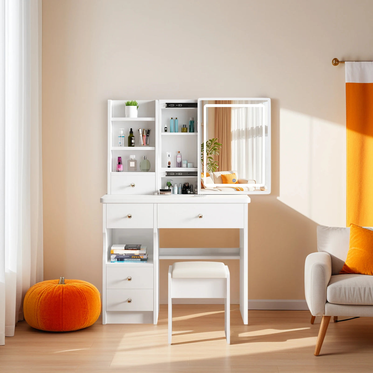 Modern Wooden Vanity Desk Featuring Adjustable LED Sliding Mirror