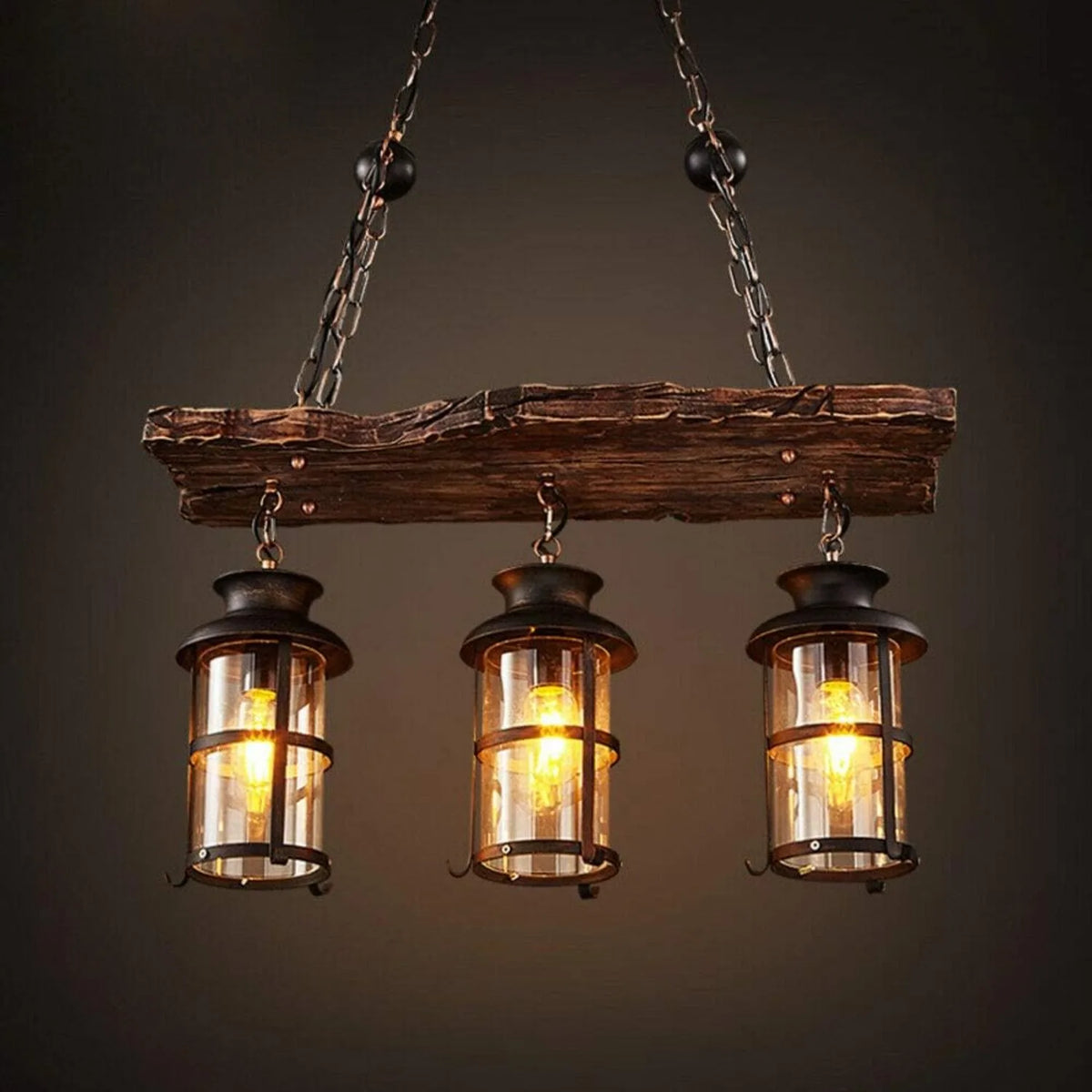 Three Light Wood And Glass Industrial Pendant Ceiling Lamp