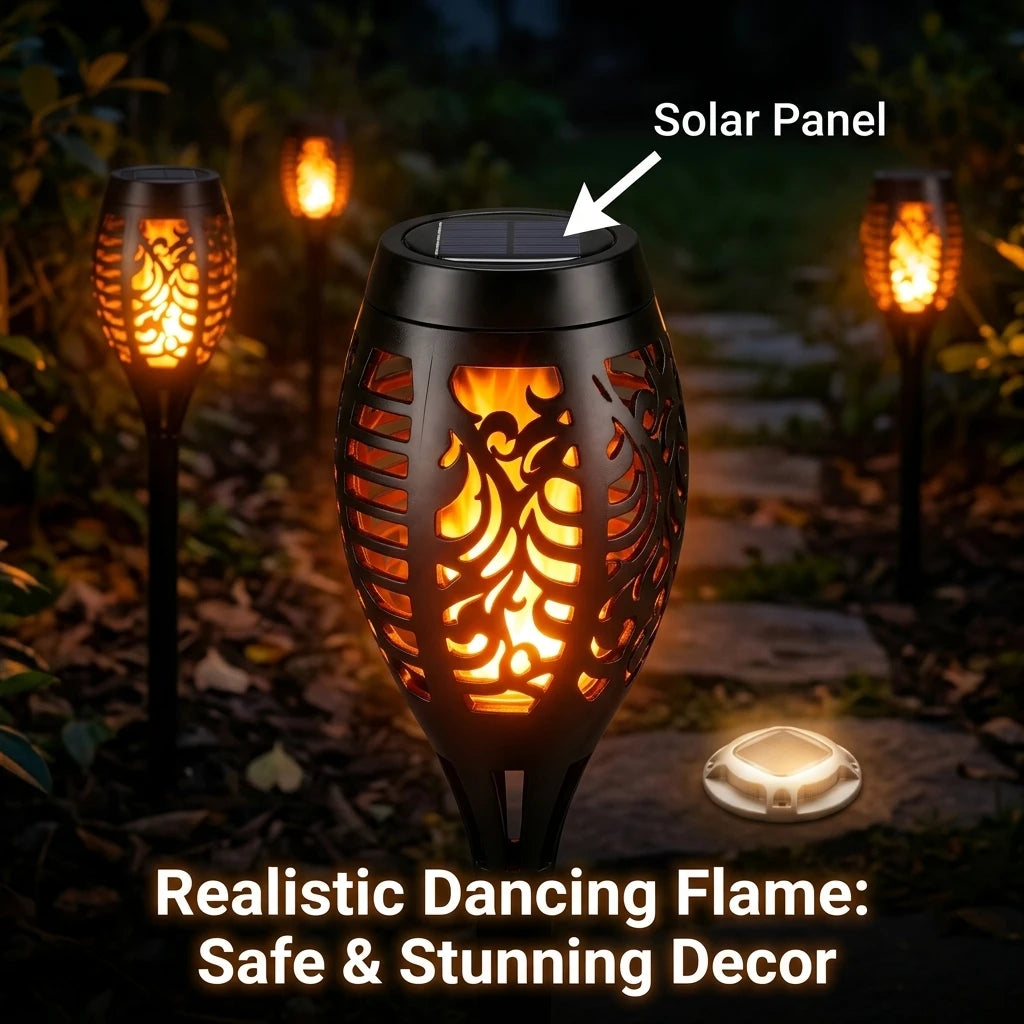 Solar Outdoor Garden Path Lights Featuring Flickering Flame Torch