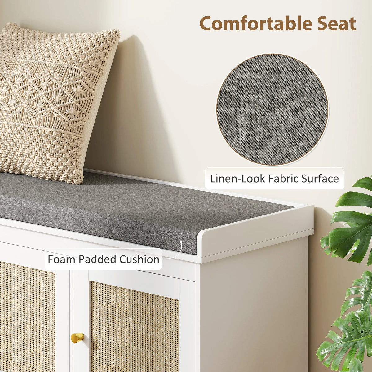 Boho Style Shoe Storage Bench with Woven Rattan Doors Cushion