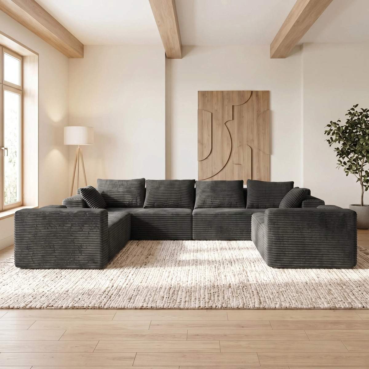 Modern U Shaped Corduroy Sectional Sofa With Deep Cloud Seating