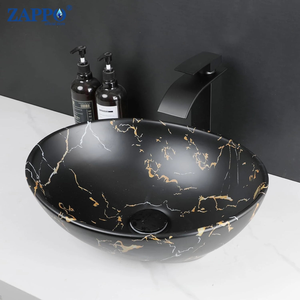 MEKKHALA Round Ceramic Vessel Sink Set Antique Brass Waterfall Faucet