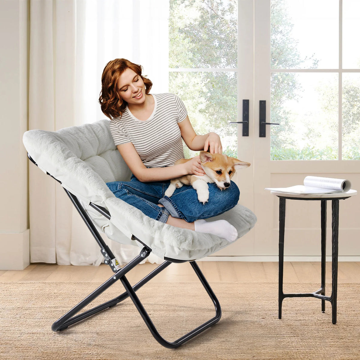 JHK Faux Fur Folding Saucer Chair With Padded Lounge Seat