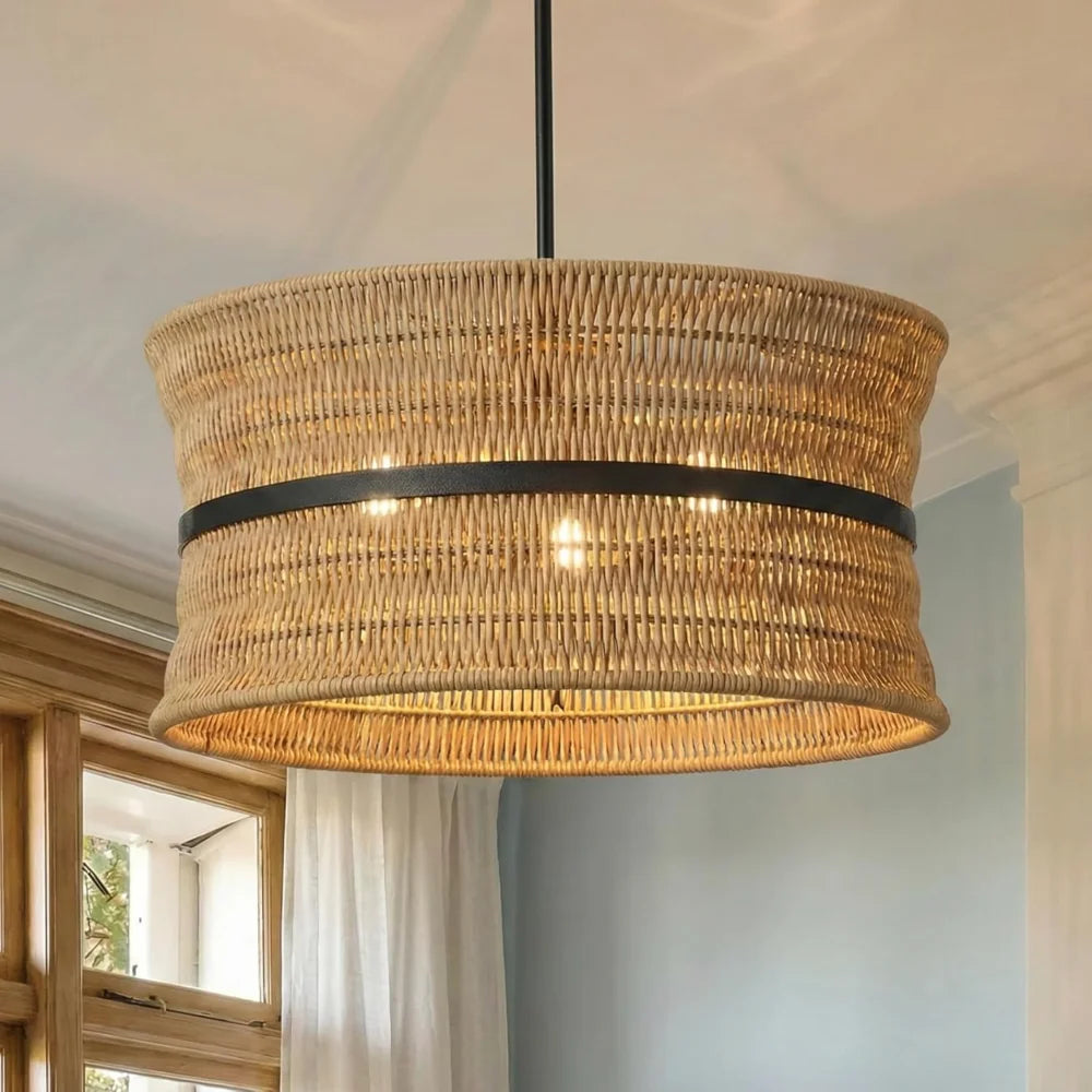 Handwoven Rattan Wicker Chandelier For Coastal Ceiling Pendant Lighting