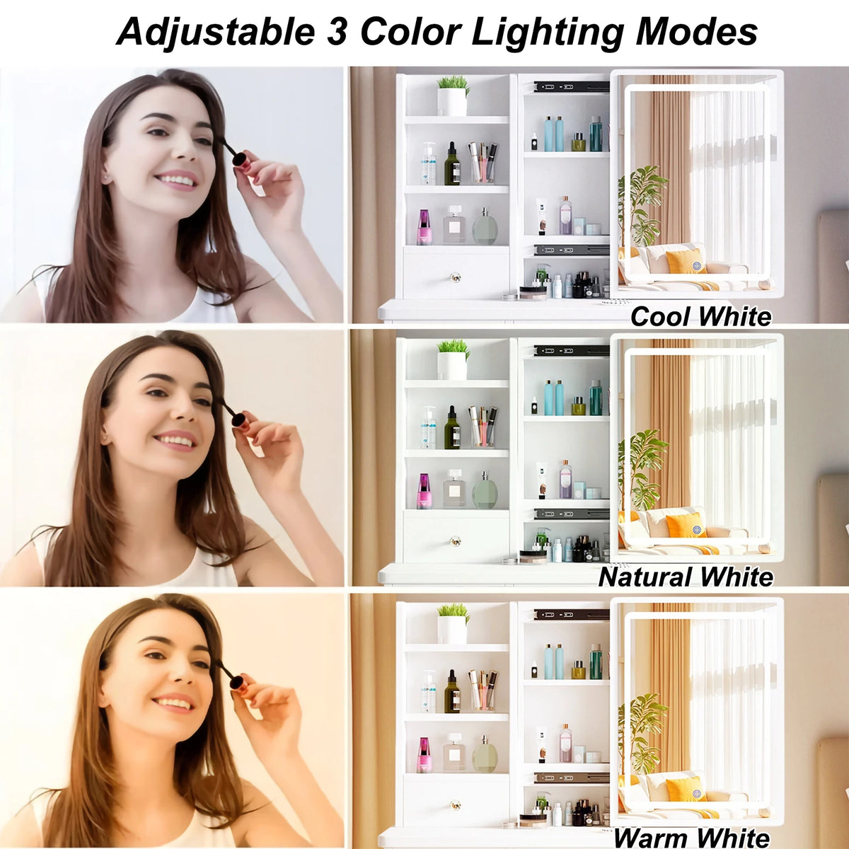 Modern Wooden Vanity Desk Featuring Adjustable LED Sliding Mirror
