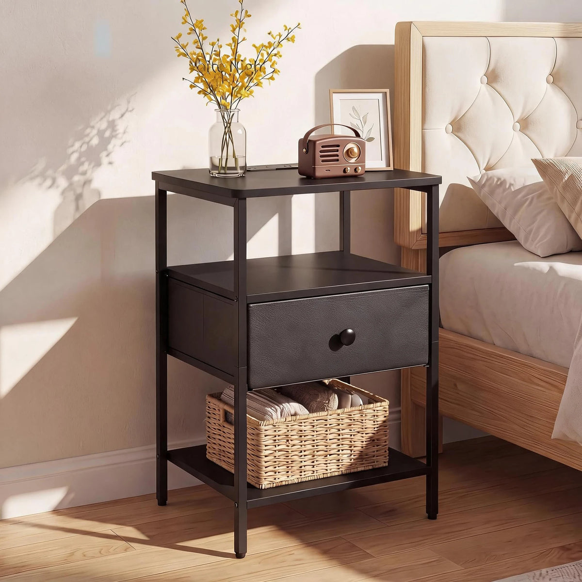 HiMISS Modern Nightstand With Charging Station And Fabric Drawer