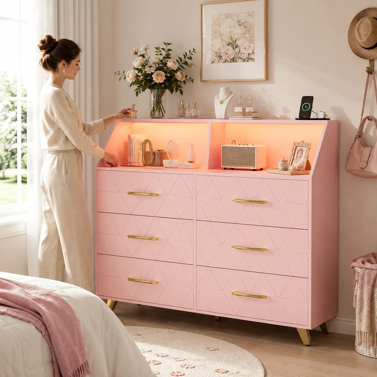 Modern Six Drawer Dresser With LED Lights And Charging Station