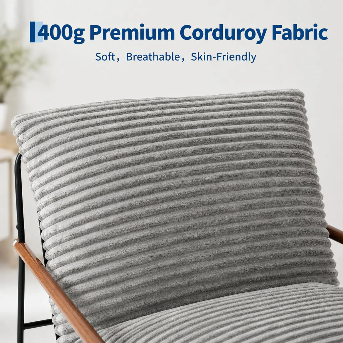 HiMISS Corduroy Lounge Chair With Wood Arms And Metal Frame
