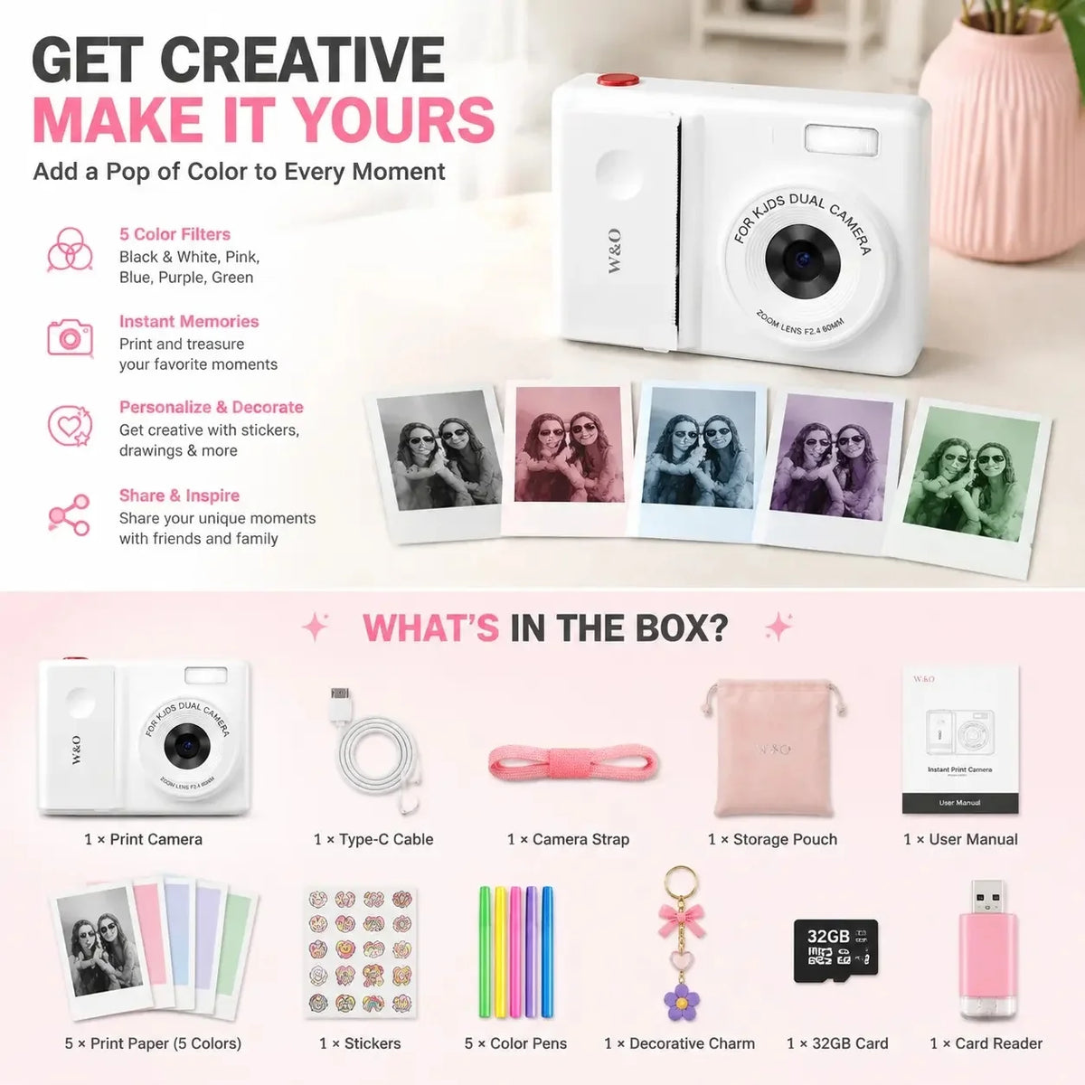 WO Instant Print Digital Camera With 48MP Sensor And Printer