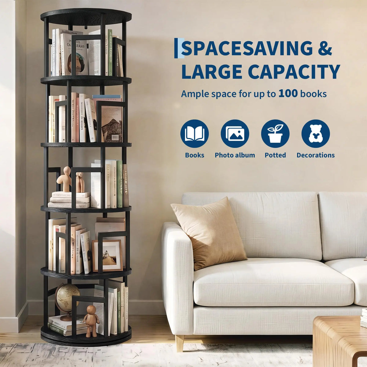 HiMISS 5 Tier Rotating Bookshelf Tower Corner Storage Shelf