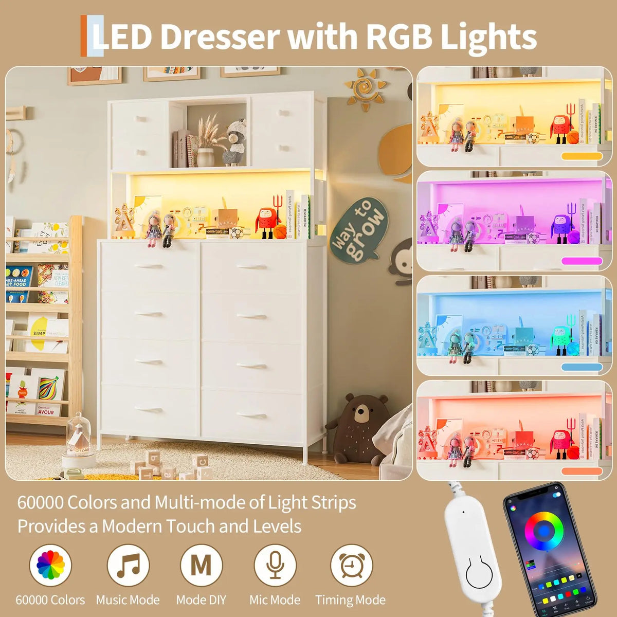 Drawer Dresser With Charging Station And LED Light For Bedroom
