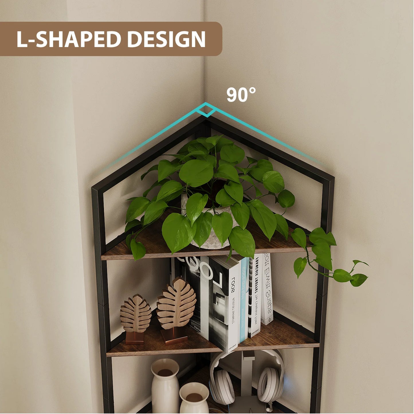 Retro Wooden Six Tier Corner Bookshelf With Steel Frame
