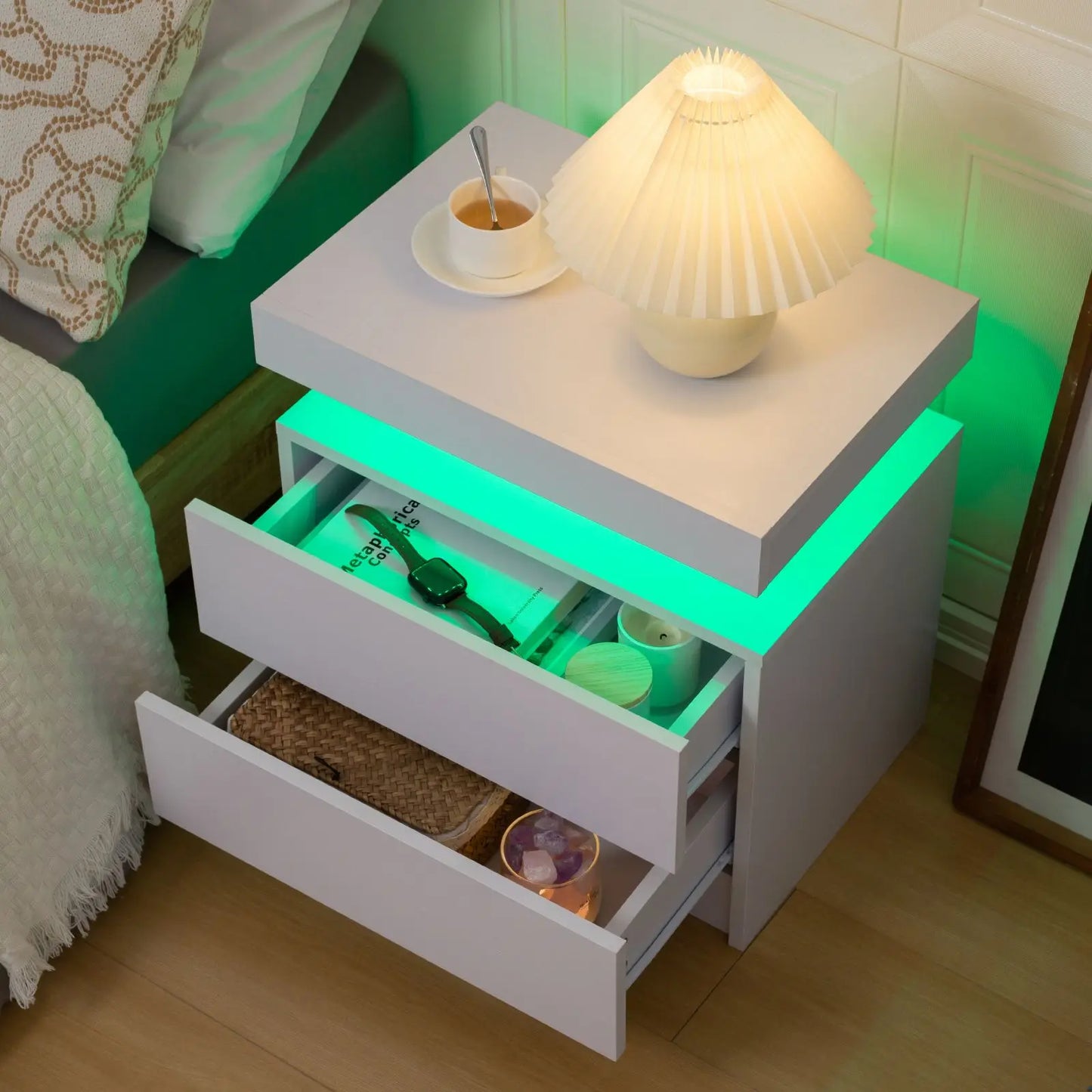 Cubehom Wooden Nightstand With Two Drawers And RGB Lighting Design