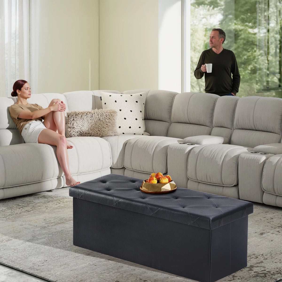 JHK Leather Storage Ottoman Bench With Folding Footrest